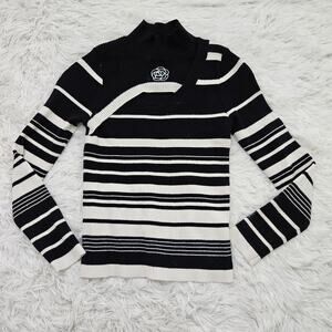 Hollow Out Striped Knit‎ Mock Neck Floral Embroidered Wool Blend Sweater Size S